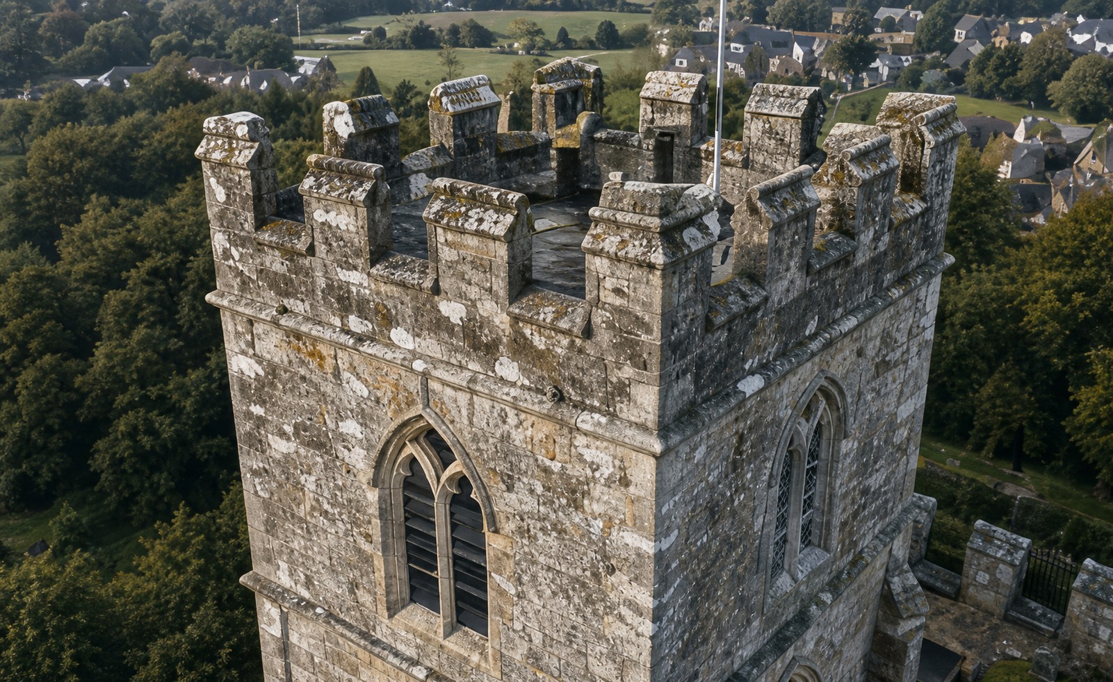 Aerial survey of a stone church tower
