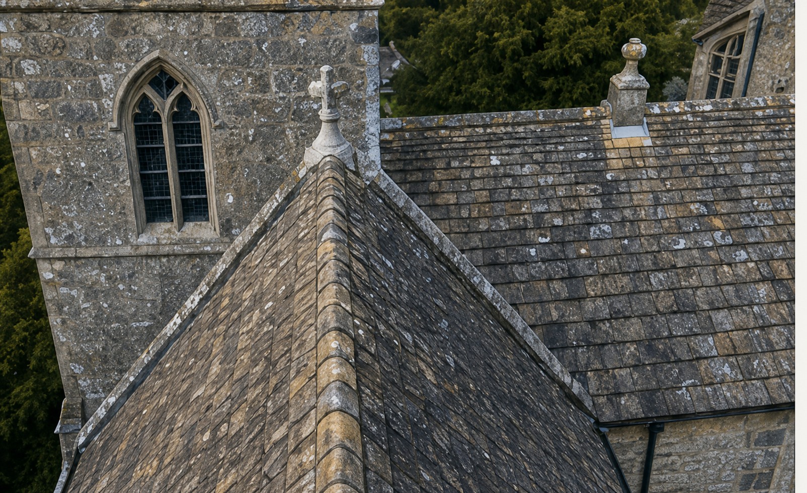 Detailed aerial view of a historic roof